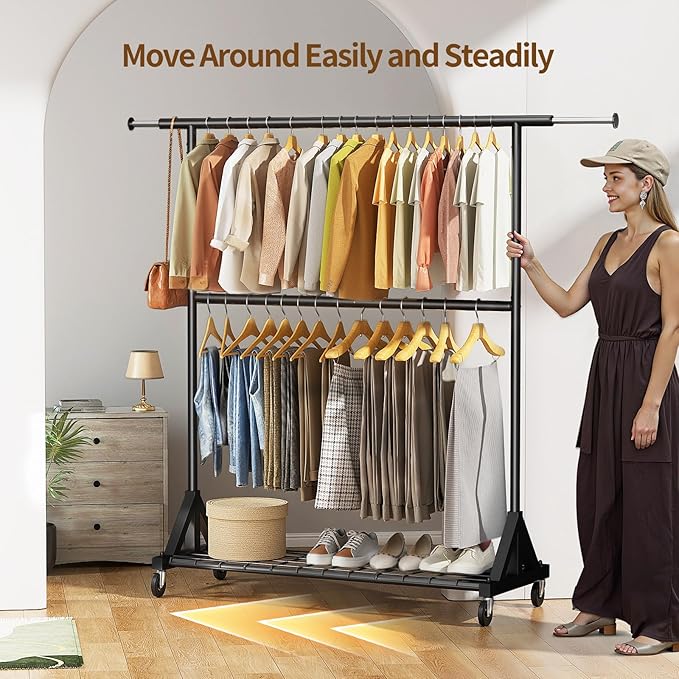 Luxspire Heavy Duty Clothes Rack Load 600 LBS, Double Rod Clothing Rack, Rolling Garment Racks with Lockable Wheels, Shelves, Adjustable Laundry Hanging Racks for Clothes, Black