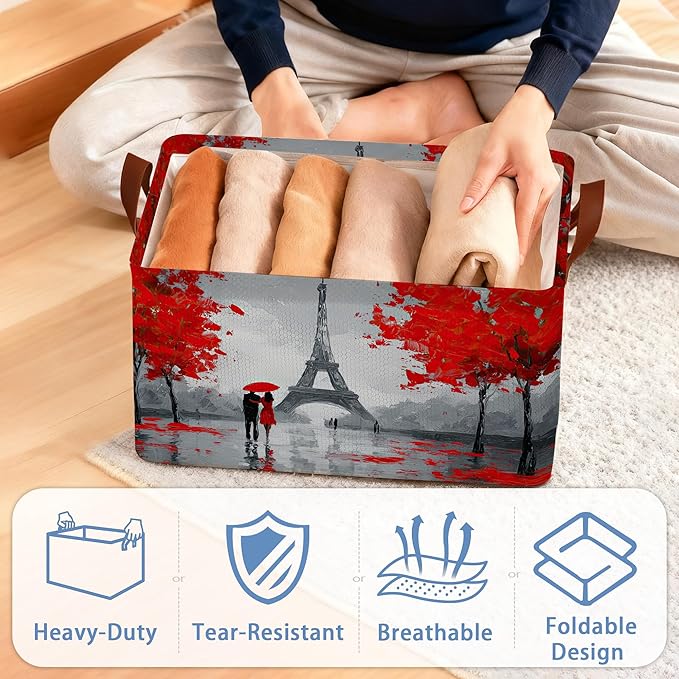 Eiffel Tower Storage Basket,Paris Couple Collapsible Storage Bin Cubes for Living Room Bedroom Blankets Home Storage 17x11.5x10Inch