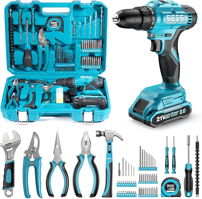 Seesii 21V Cordless Drill Tool Kit - 190Pcs Power Tool Combo Set, Hand Tool Kit with Toolbox, Electric Drill Driver for Men Home Hand Repair DIY