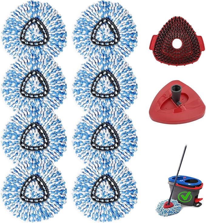 10PCS Spin Mop Replacement Heads,with Only Fit for RinseClean 2-Tank System,Machine Washable & Easy to Replace.Including 8 Spin mop Replacement Heads, 1 Brush Head and 1 Base