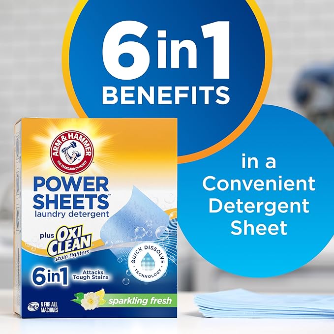 ARM & HAMMER Power Sheets Laundry Detergent Plus OxiClean Stain Fighters, 6in1, Sparkling Fresh Scent, 42 Count, 84 Medium Loads