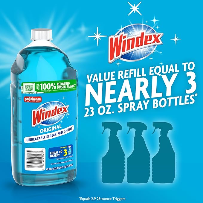 Windex Refill Glass and Window Cleaner Bottle, Bottle Made from 100% Recycled Plastic, Surface Cleaning Spray, Original Blue Scent, 2L (67.6 Fl Oz)