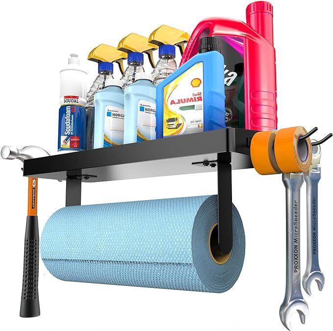 ZUNTO Garage Paper Towel Holder with Shelf, Black Stainless Steel Paper Towel Rack with Hooks, Wall Mount Paper Towel Holder for Kitchen, Garage Organization and Storage
