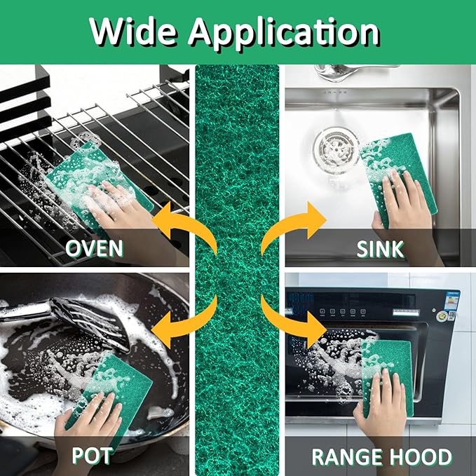 CONLI 100 PCS Scouring Pad Reusable Household Green Scrubbing Pads for Cleaning, Multipurpose 6" x 4" Non Scratch Scrubbing Pads for Kitchen Dishes Pan Metal Grills