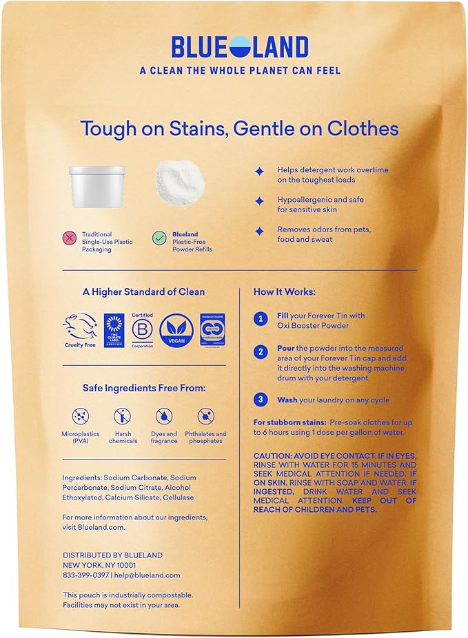 BLUELAND Oxi Laundry Booster Powder with Tin, Starter Set, Clear Skies Scent, 25 Loads, 17.6 oz, Plastic-Free, Eco Friendly, Oxy Cleaner, Stain Remover