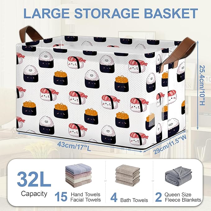 Cute Sushi Storage Basket,Japanese Collapsible Storage Bin Cubes for Living Room Bedroom Blankets Home Storage 17x11.5x10Inch