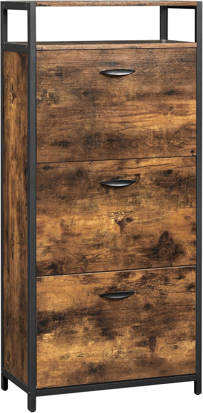 VASAGLE Shoe Cabinet with 3 Flip Drawers, Shoe Storage Cabinet, Asjustable and Removable Dividers, Holds 15-18 Pairs of Shoes, 11.8 x 23.6 x 51.2 Inches, Rustic Brown and Black ULBS101B01