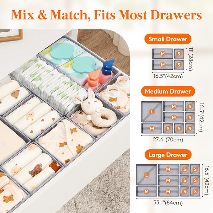 Lifewit Nursery Drawer Organizer for Clothes 24 Pack, Certified Child-safe Dresser Drawer Divider Storage Bins, Foldable Clothing Storage Basket for Baby Clothes/Underwear/Sock/Diaper in Closet