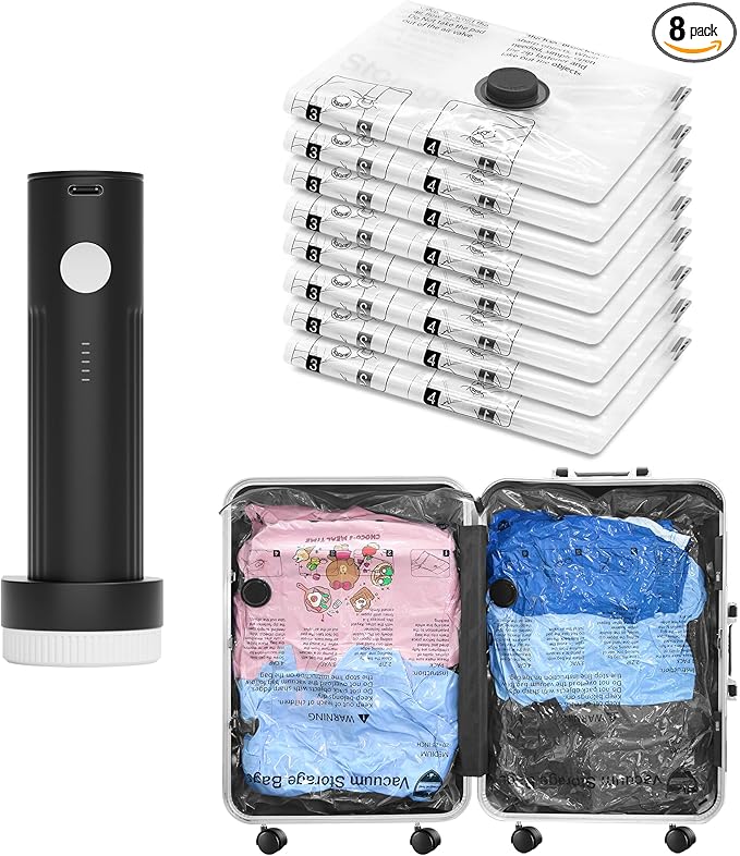 Vacuum Bags for Travel with Rechargeable Pump, 8 Medium Compression Packing Seal Bags for Luggage Suitcase, Space Saver for Clothing and Clothes Storage Travel