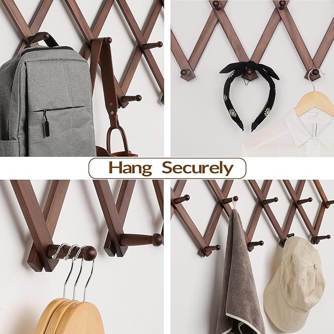 SCUNDA Hat Rack for Wall, Expandable Wall Hat Holder with 16 Hooks, 16 inch Wooden Wall Hook for Baseball Caps,Cowboy, Bag,Hoodie(Brown)
