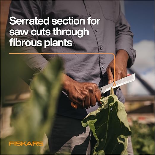 Fiskars Harvesting Knife, Gardening Gifts for Women, Serrated Edge Hand Tool with Sheath, Orange/Black