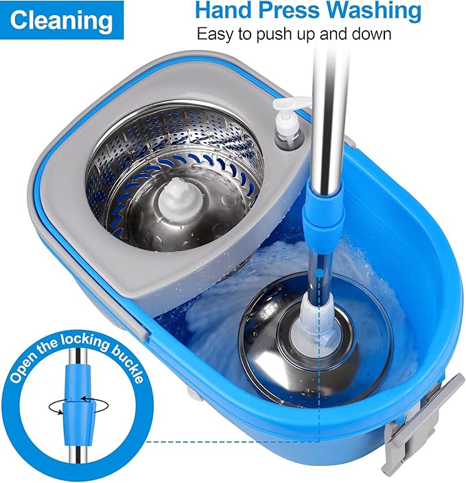 Spin Mop and Bucket with Wringer Set, 3 Washable Microfiber Pads Included for Floor Cleaning, Adjustable Stainless Steel Handle, Easy Moving with Wheels, Blue
