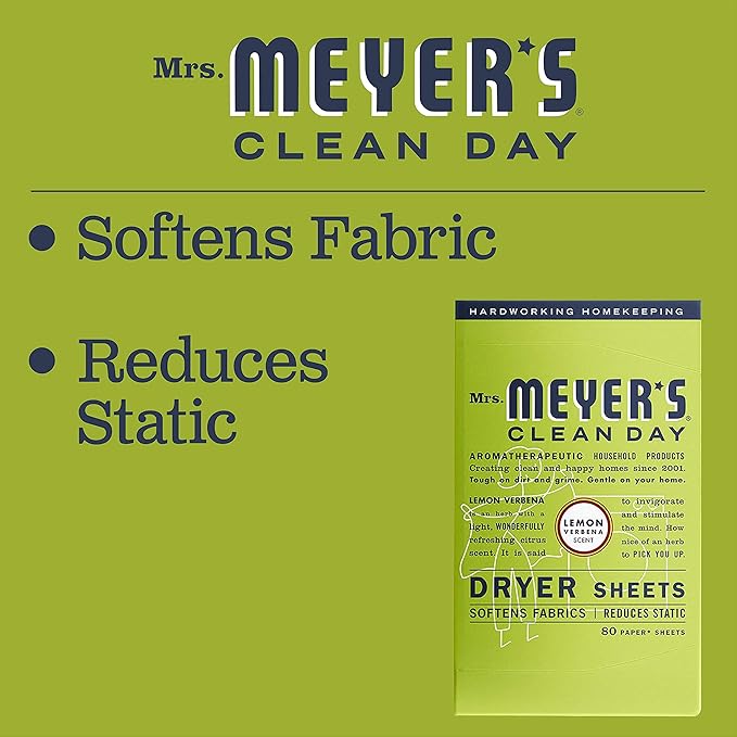 Mrs. Meyer's Dryer Sheets, Fabric Softener, Reduces Static, Infused with Essential Oils, Lemon Verbena, 80 Count