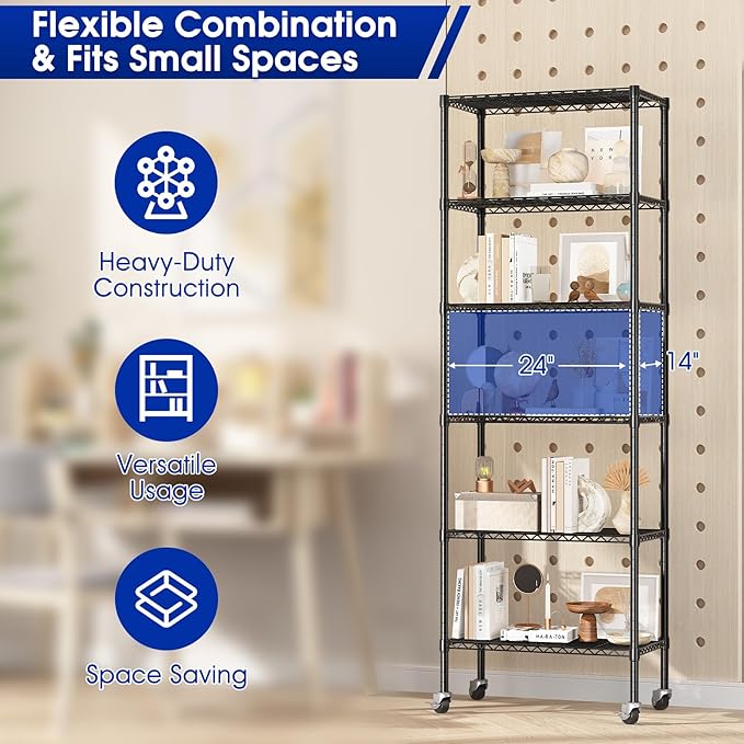 Adjustable 6-Tier Heavy Duty Wire Shelving Rack, 14" D x 24" W x 71" H Storage Shelves with Wheels, 750 lbs Capacity Rolling Metal Shelving for Garage, Pantry, Kitchen, Closet