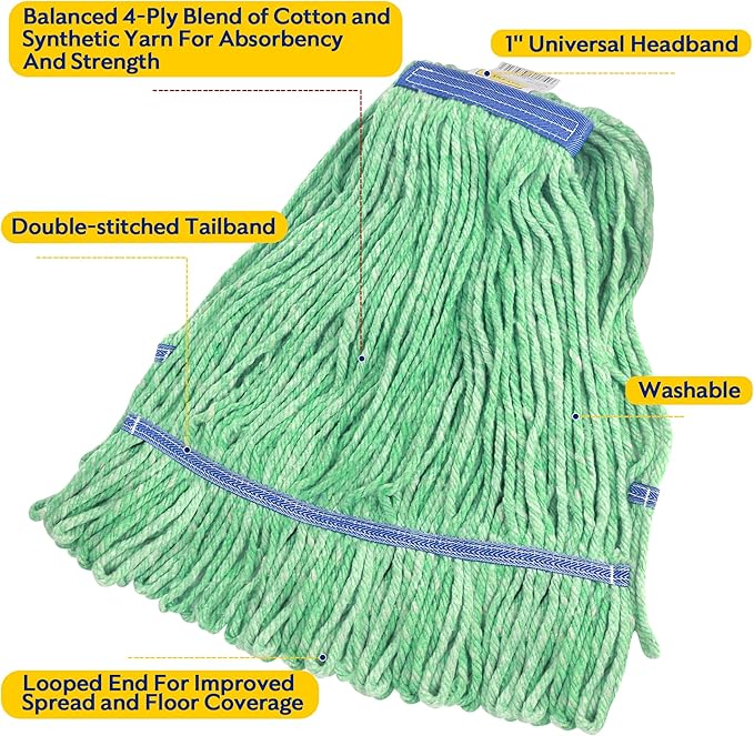 Matthew Cleaning Heavy Duty Mop Head Commercial Replacement for General and Floor Cleaning , Wet Industrial Blue Cotton Looped End String Head Refill (Case of 24) Green