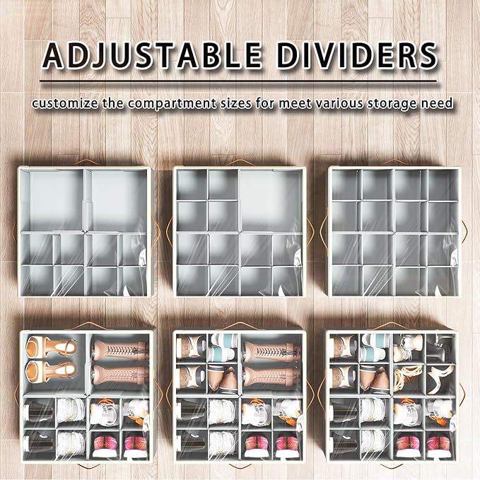 Shoe Organizer for Closet, 2 Pack Foldable Shoe Storage Organizer Box Bin with Adjustable Dividers and Clear Cover, Fits up to 16-32 Pairs（Grey&Beige）