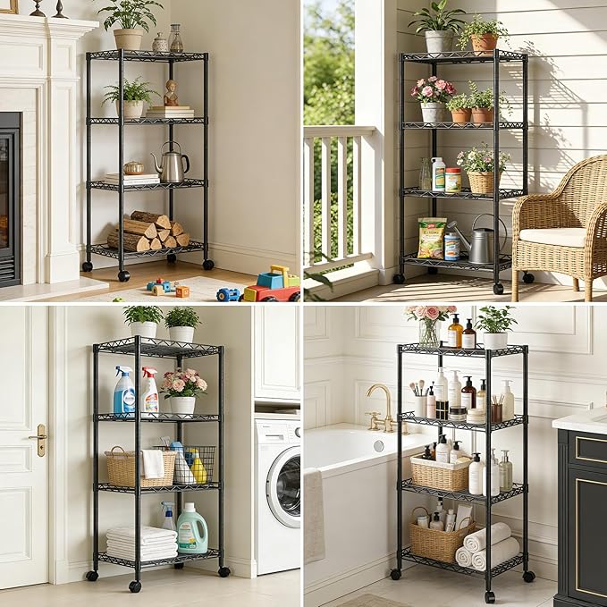 4-Tier Wire Shelf Metal Rack,Narrow Wire Shelving Unit 17.3" Wx11.4 Dx44.3 H,Height Adjustable Storage Pantry Shelves with Lockable Wheels for Kitchen,Laundry,Office,Bathroom Or Small Spaces
