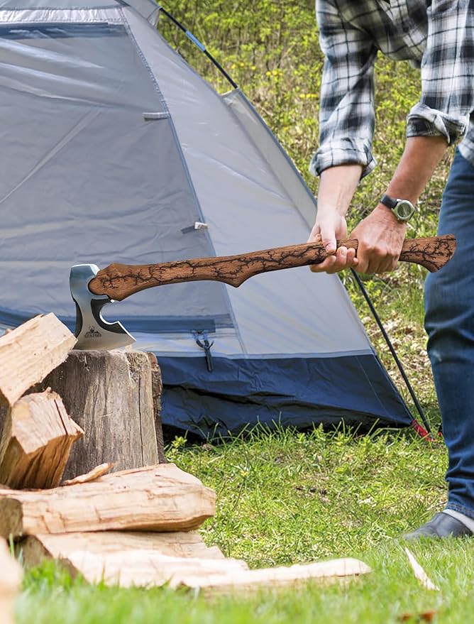 27.8" Splitting Axe, Wood Splitting Axe with Lichtenberg Pattern Wood Handle, 1065 High Carbon Steel Chopping Axes with Leather Sheath and Sharpening Stone for Chopping Firewood