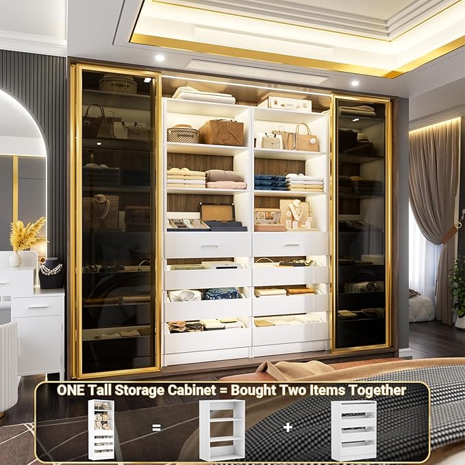Aheaplus 21.3" Closet System with 4 Drawers, Wood Closet Organizer with Open Shelves, Modular Drawers System Tower, Walk-in Closets Small Wardrobe Rack, Tall Storage Cabinet Unit, White