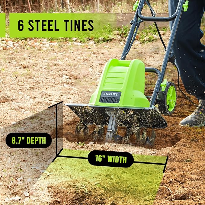 STEELITE 16-Inch Corded Electric Tiller, 13.5 Amp Powerful Garden Cultivator for Soil Preparation and Landscaping – Lightweight, Durable, and Easy to Use