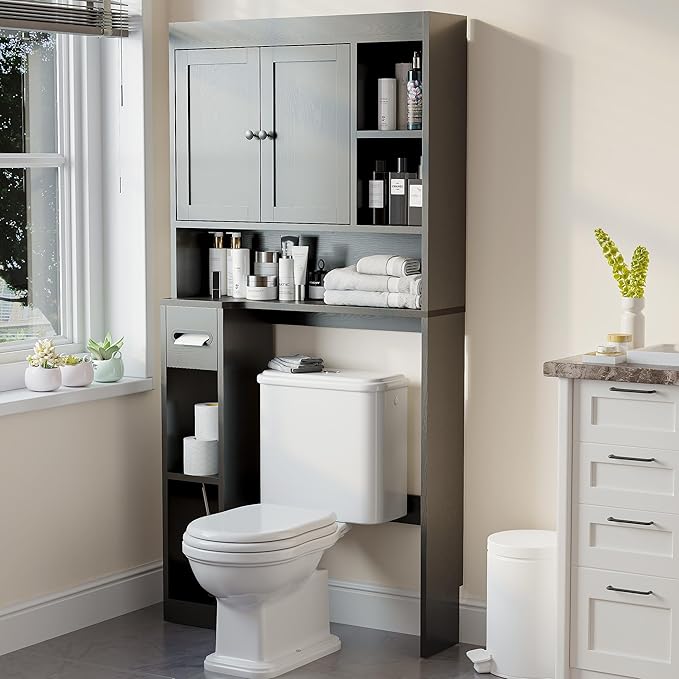 Over The Toilet Storage Cabinet with 7 Shelves, Imitation Walnut Grain Above Toilet Bathroom Organizer with Toilet Paper Holder Stand, Space Saver for Restroom, Laundry, Bathroom (Black)