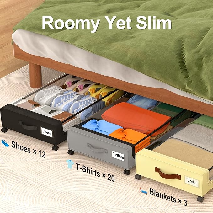 GoMaihe Under Bed Storage with Wheels: 48L Underbed Storage Containers with Lids - Rolling Bins for Shoes Clothes in Dorm Bedroom - Metal Drawers Easy Pull-out Grey 4-Pack