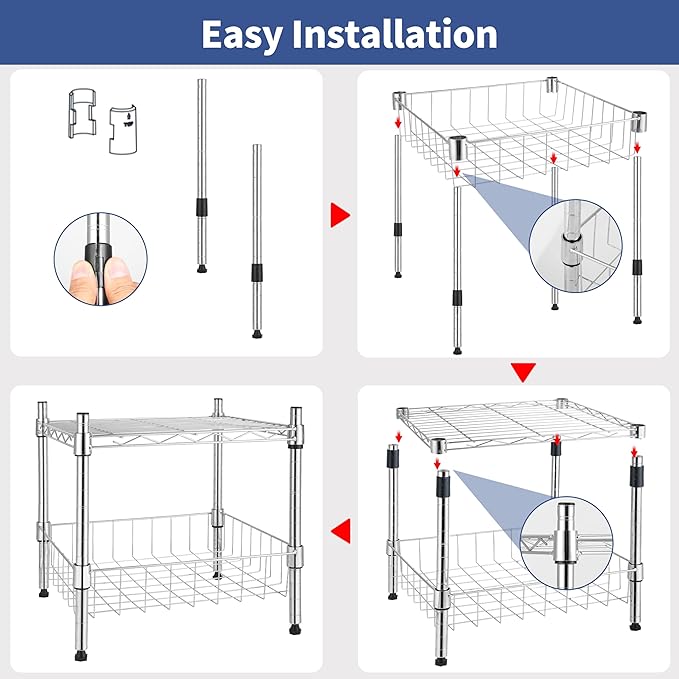 YSSOA 2-Tier Shelving Unit, 15" W x 13.8" D x 15" H Wire Metal Stackable Storage with Basket, Chrome, 2 Pack