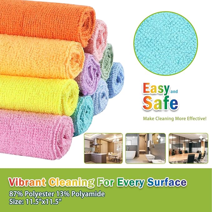 AIDEA Microfiber Cleaning Cloth, 20PK, Colorful Lint-Free Vibrant Cleaning Rags, Microfiber Towels for Cars, Wash Cloths, Dusting Cloth for Home, Window, Cleaning Supplies, 11.5"×11.5"