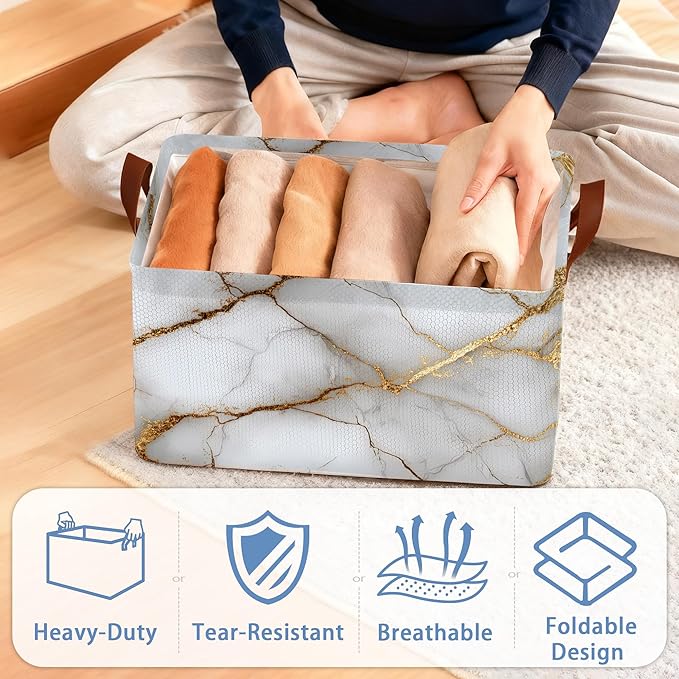 White Gold Marble Storage Baskets,Foldable Large Capacity Organizer Bins with Waterproof Lining and Leather Handles for Closet,Shelf,Bedroom 17x11.5x10Inch