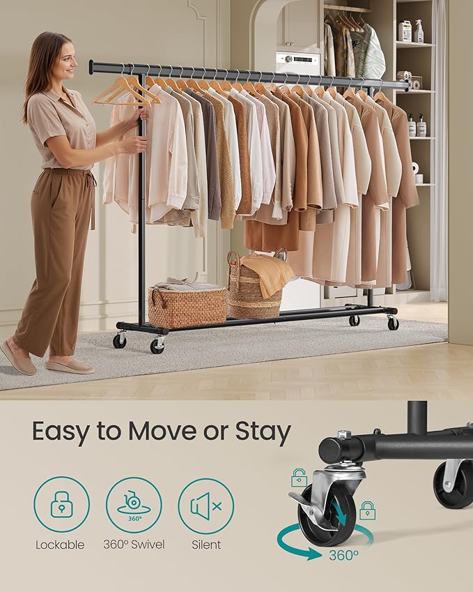 SONGMICS Clothes Rack with Wheels, Heavy-Duty Clothing Rack for Hanging Clothes, Portable, 17.7 x (63-78.7) x 63.6 Inches, with Extendable Hanging Rail, 330 lb Load Capacity, Black UHSR175B01