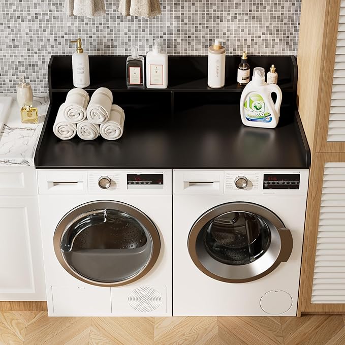 2-Tier Washer Dryer Countertop, Laundry Room Organization and Storage, 27.6" x 54" Wood Laundry Countertop for Washer and Dryer, Black