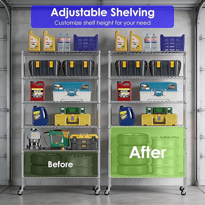 FDW 45"L×18"W×82"H Wire Shelving Unit Storage Cart Metal Shelf Rolling Utility Cart 2100Lbs Capacity with 6 Tier Casters Adjustable Layer Rack Strong Steel for Restaurant Garage Pantry Kitchen,Chrome
