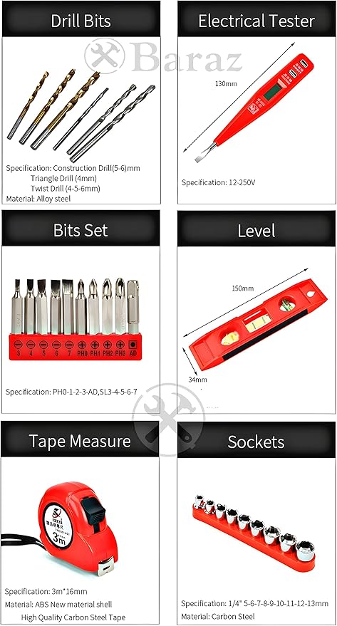 Baraz Tool Kit set With Drill (2 Battery), 126 Pcs Power Tool Set for home, 18v Cordless Drill And Tool box For Household, Homeowners, Office, Garden, House Repair And Maintenance, perfect Gift Idea