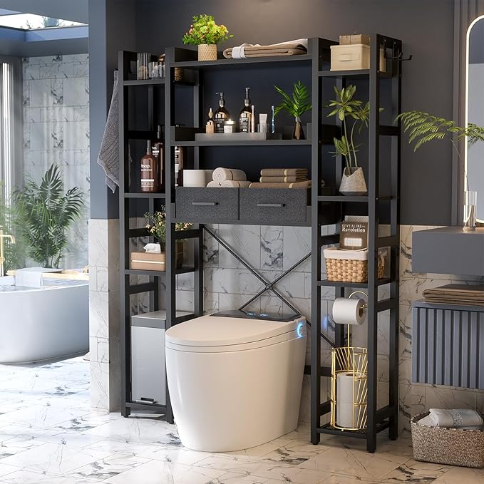 Besiost Over The Toilet Storage with 2 Drawers - 11 Tier Bathroom Organizer Freestanding Space Saver Storage Rack with Adjustable Shelf Above Toilet Stand with 4 Hooks for Restroom, Laundry, Black