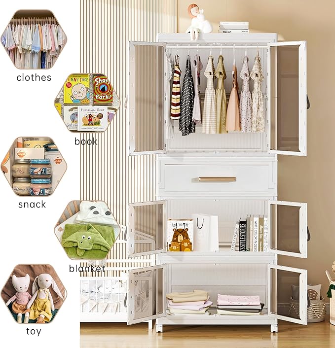 Large Portable Kids Closet Children's Armoire Adults Clothes Wardrobe Closet with Drawers and Doors, Collapsible Baby Costume Storage Organizer Kids Dress Up Storage Cabinet with Hanging