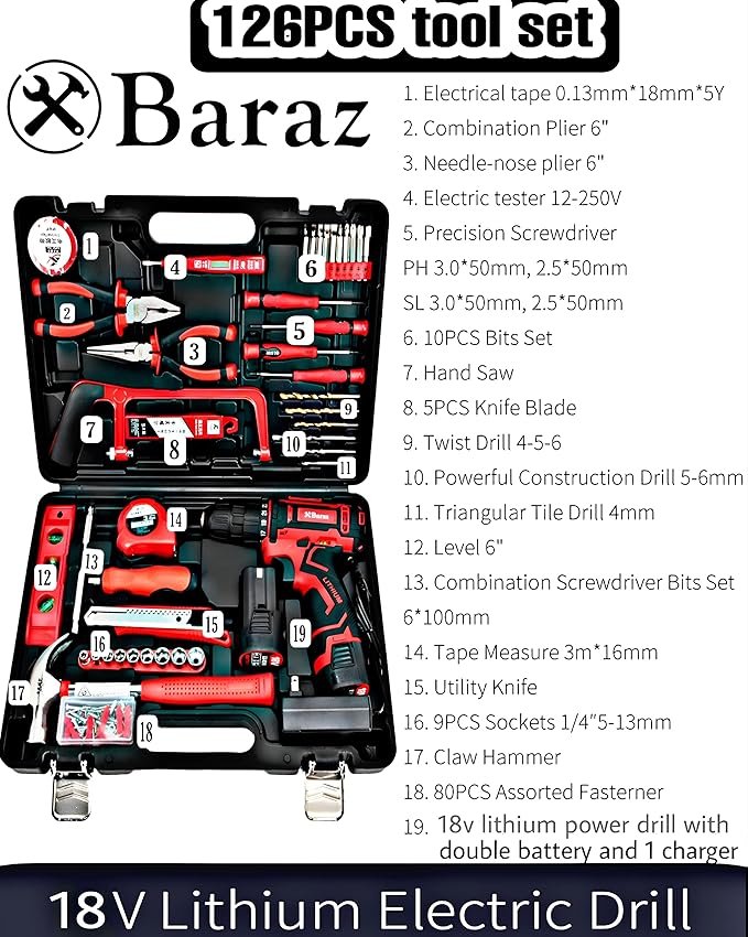 Baraz Tool Kit set With Drill (2 Battery), 126 Pcs Power Tool Set for home, 18v Cordless Drill And Tool box For Household, Homeowners, Office, Garden, House Repair And Maintenance, perfect Gift Idea