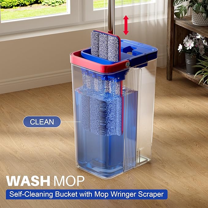 JOYMOOP Mop and Bucket with Wringer Set, Hands Free Flat Floor Mop and Bucket, with 4 Washable Microfiber Pads, Wet and Dry Use, Floor Cleaning System - Black+Red+Slate Blue