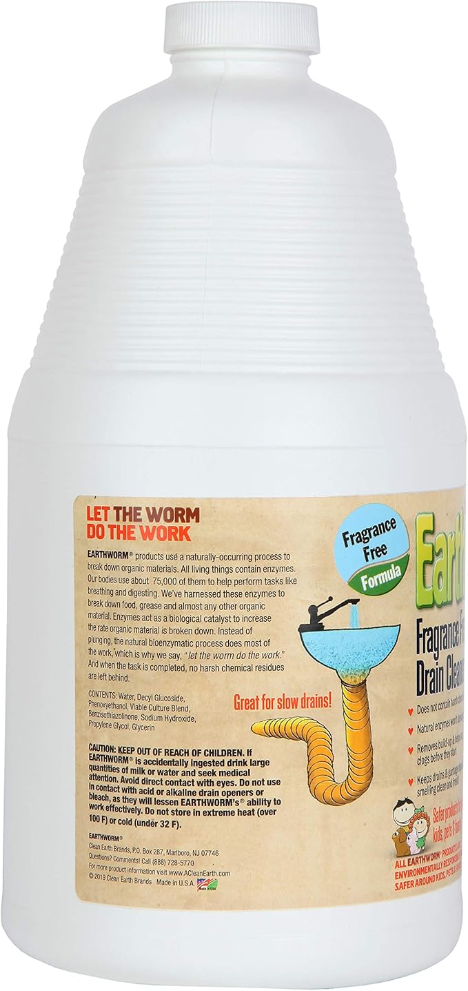 Earthworm Fragrance Free Drain Cleaner - Drain Opener - Natural Enzymes, Environmentally Responsible, Safer for Pets and Kids - 1 Half Gallon, 64 oz