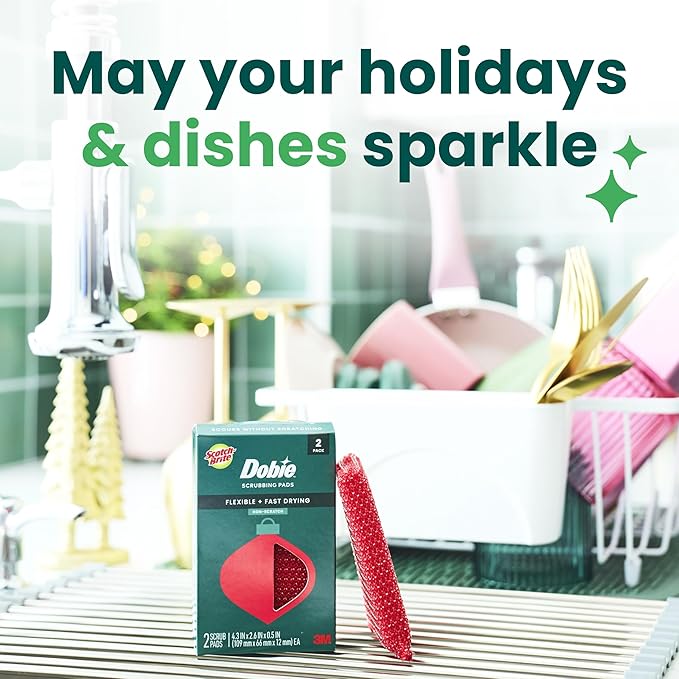 Scotch-Brite Dobie Pads, Dobie Sponge for All Purpose Cleaning of Kitchen, Bathroom, and Household, Non Scratch Dobie Cleaning Pads Safe for Non-Stick Cookware, 2 Holiday Red Dobie Pads