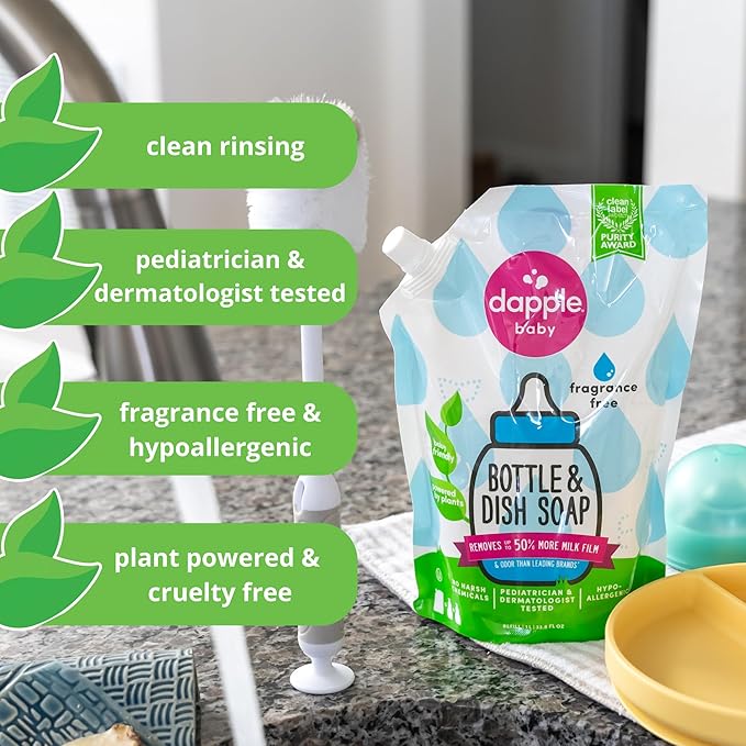Dapple Baby Bottle Soap, Hypoallergenic Dish Soap for Baby Bottles, Powered by Plants, Fragrance Free, 34 Fl Oz (Pack of 2)