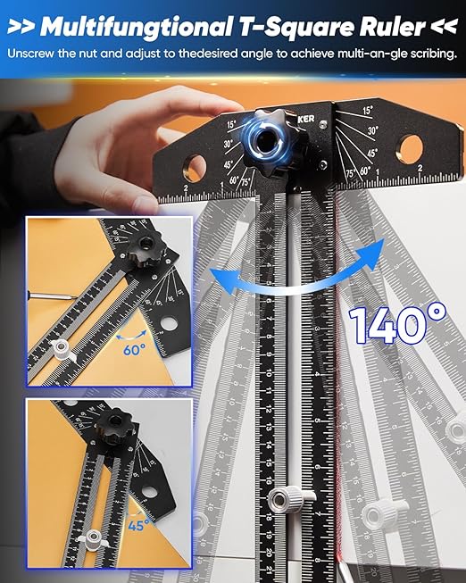 Saker Aluminum Alloy Multi-Angle Marking Ruler,Adjustable Sliding T-Square with Scriber & Protractor,Precision Layout Tool for Woodworking, Carpentry & Design (Black)