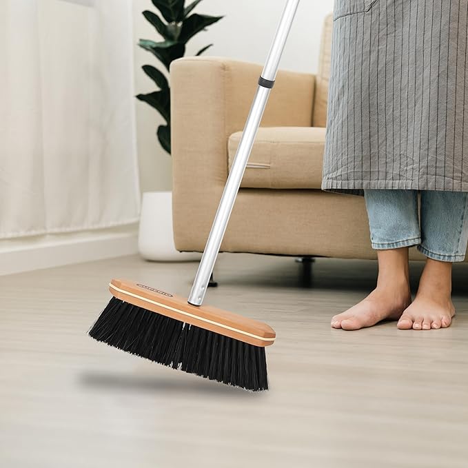 Superio Kitchen Broom Premium Black Tampico Bristles, with Grey Metal 3-Part Handle, Heavy Duty Household Broom - Easy Swiping Dust and Wisp, Home, Kitchen Bedroom, Lobby, Floors and Corners