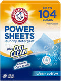 ARM & HAMMER Power Sheets Laundry Detergent Plus OxiClean Stain Fighters, Clean Cotton Scent, 52 Count, 104 Medium Loads