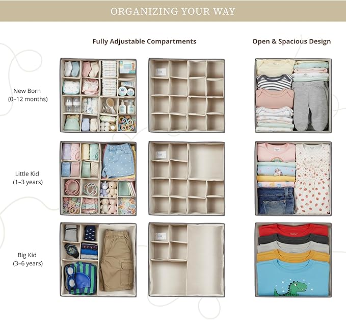 DECOMOMO Drawer Organizer for Baby – Clothes Organizer & Storage Dividers for Nursery, Storage Bins for Underwear, Bra, Socks, Diapers & Newborn Essentials (Beige, 12pcs)