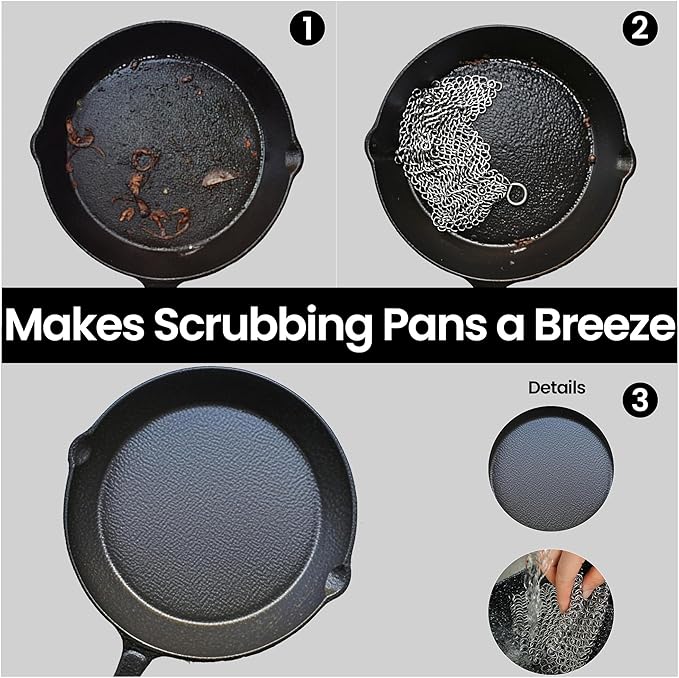 TOPULORS Cast Iron Scrubber 316 Stainless Steel Skillet Cleaner 8"x6" Chainmail Scrubber Scraper Chain Mail Link Scrub for Cast Iron Pre-Seasoned Pans, Griddles, BBQ Grills, and Pot Cookware Cleaning