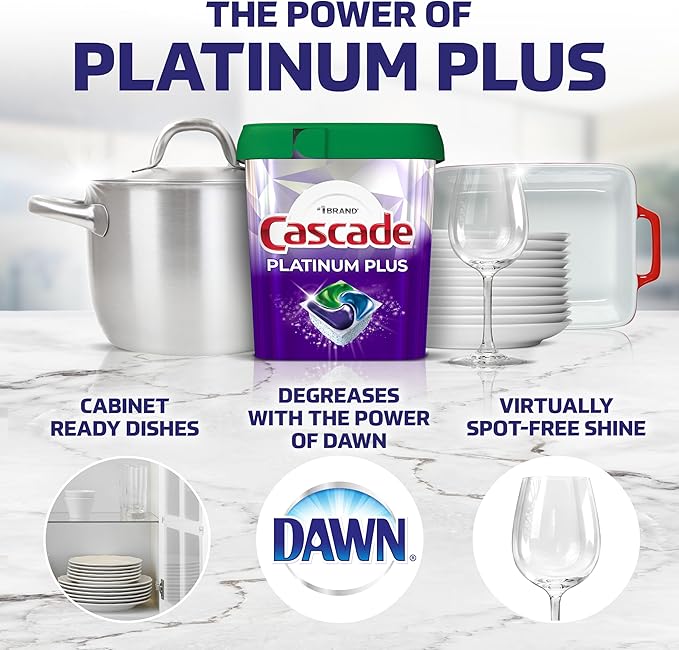 Cascade Platinum Plus ActionPacs Dishwasher Detergent Pods, Dishwasher Soap, Cleaning Supplies, Mountain, 62 Count