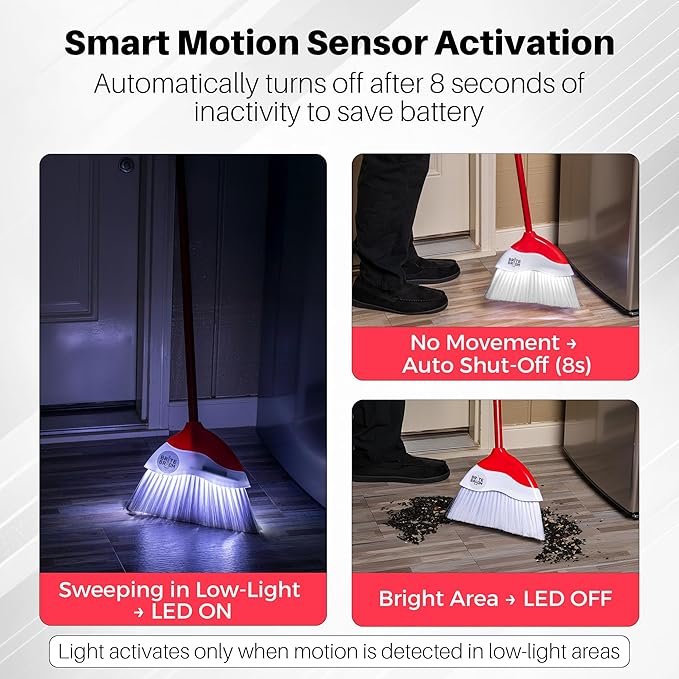 Indoor Broom with LED Lights | Angle Broom for Dark Corners & Low Light Areas | Soft Bristle, Adjustable Long Handle | Floor Sweeper for Kitchen, Room, Office & Garage (Red)