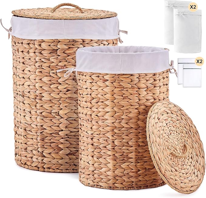 Round Water Hyacinth Laundry Hamper with Lid Handwoven Wicker Basket with Handles for Dirty Clothes, Storage, and Organization Ideal for Bedroom, Bathroom, and Laundry Room, No Assembly Required, 2Pcs