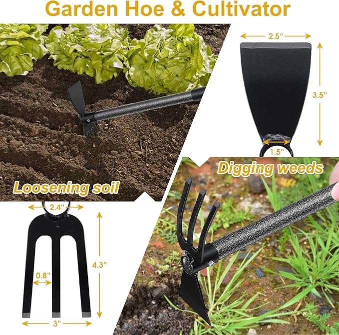 Lilyvane Garden Hoe, 2 in 1 Hand Hoe Garden Tools,45 Inch Long Handle,Garden Hoe and Cultivator for Weeding Cultivating Planting, Small Hand Rake Tiller for Flower Bed Gardening, Loosening Soil