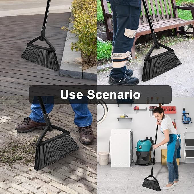 3PCS Heavy Duty Broom, Broom for Sweeeping Indoor and Outdoor, Angle Broom with Long Pole, Outdoor Broom for Courtyard/Garages/Slidewalk, Indoor Broom for Kitchen Lobby Cantee Black